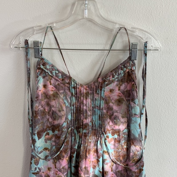 Ecote Abstract Floral Pink and Blue Sundress Pleats, Tie-waist, Pockets! - Picture 2 of 11